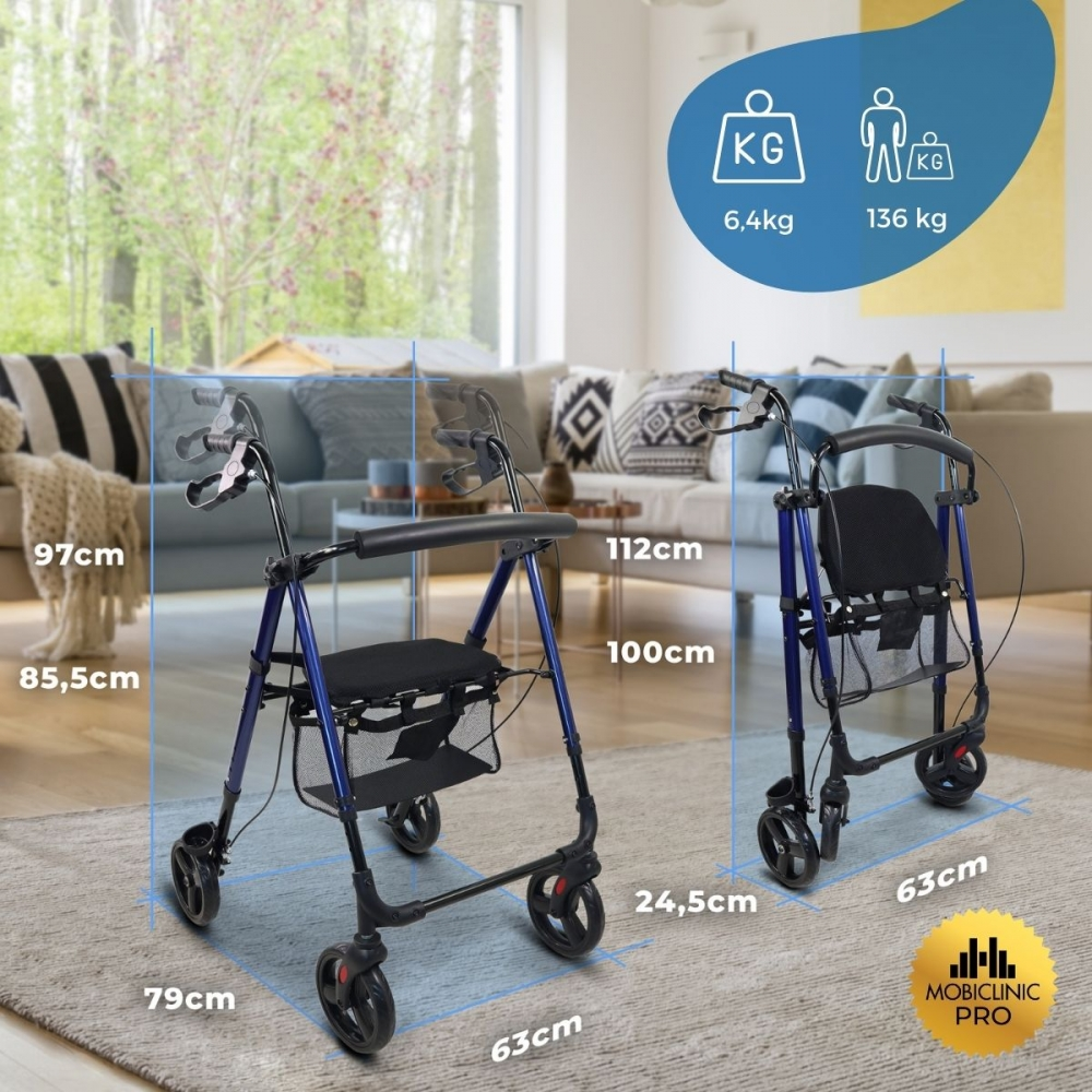 Un andador azul se muestra en una sala de estar. Se muestran dimensiones y pesos.