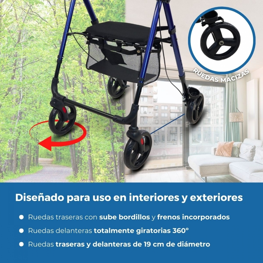 Un andador azul con asiento y cesta está junto a una ventana, mostrando árboles fuera y una sala.