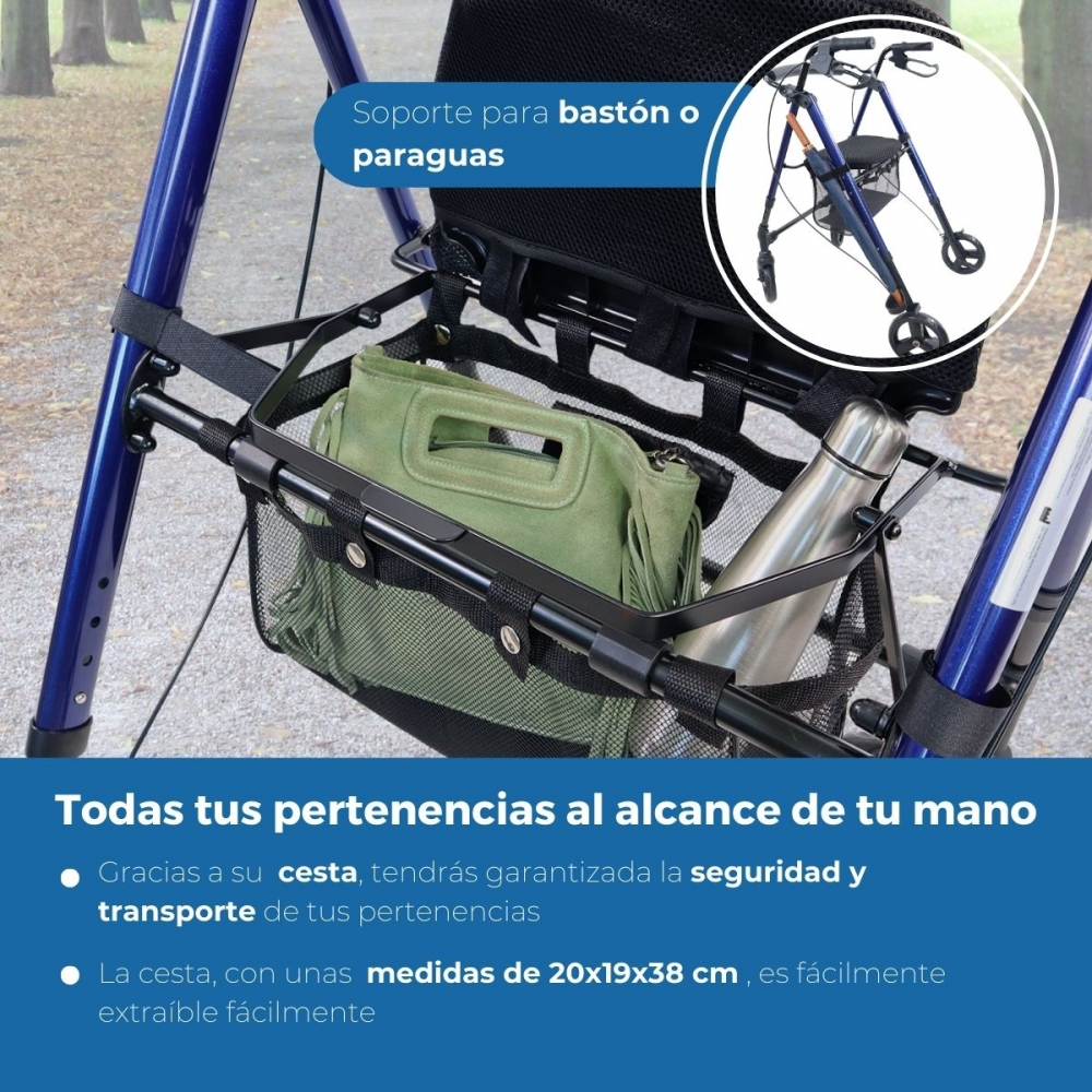 Un andador con cesta de red, bolso verde y botella de agua.