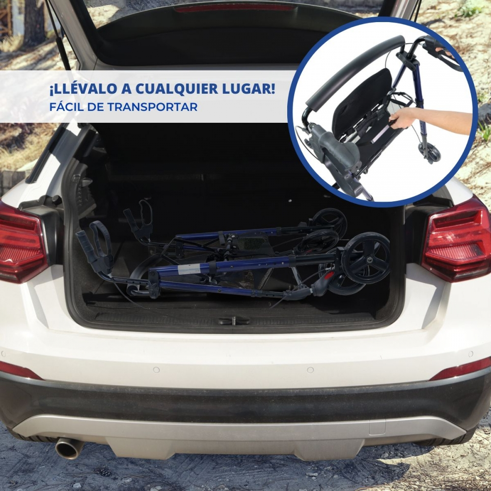 Un andador azul plegado yace en el maletero de un coche blanco.