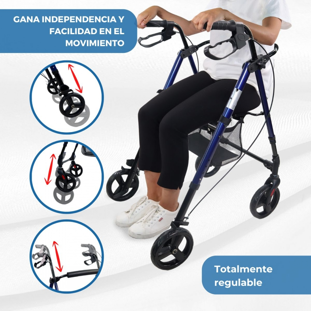 Una persona sentada en un andador azul con ruedas y frenos.