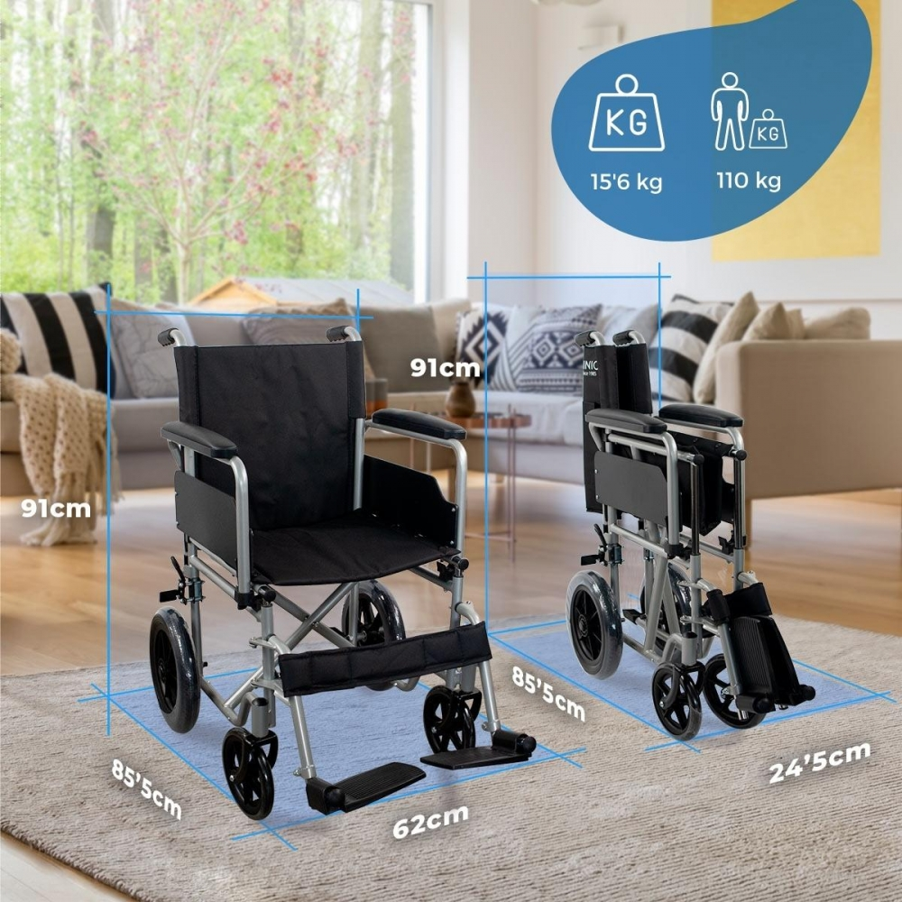 Una silla de ruedas desplegada junto a una plegada. Se muestran dimensiones.