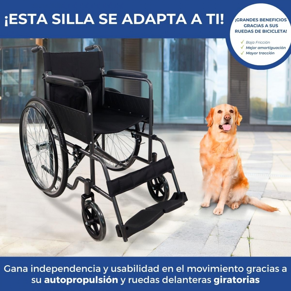 Una silla de ruedas negra junto a un Labrador sentado frente a un edificio moderno.