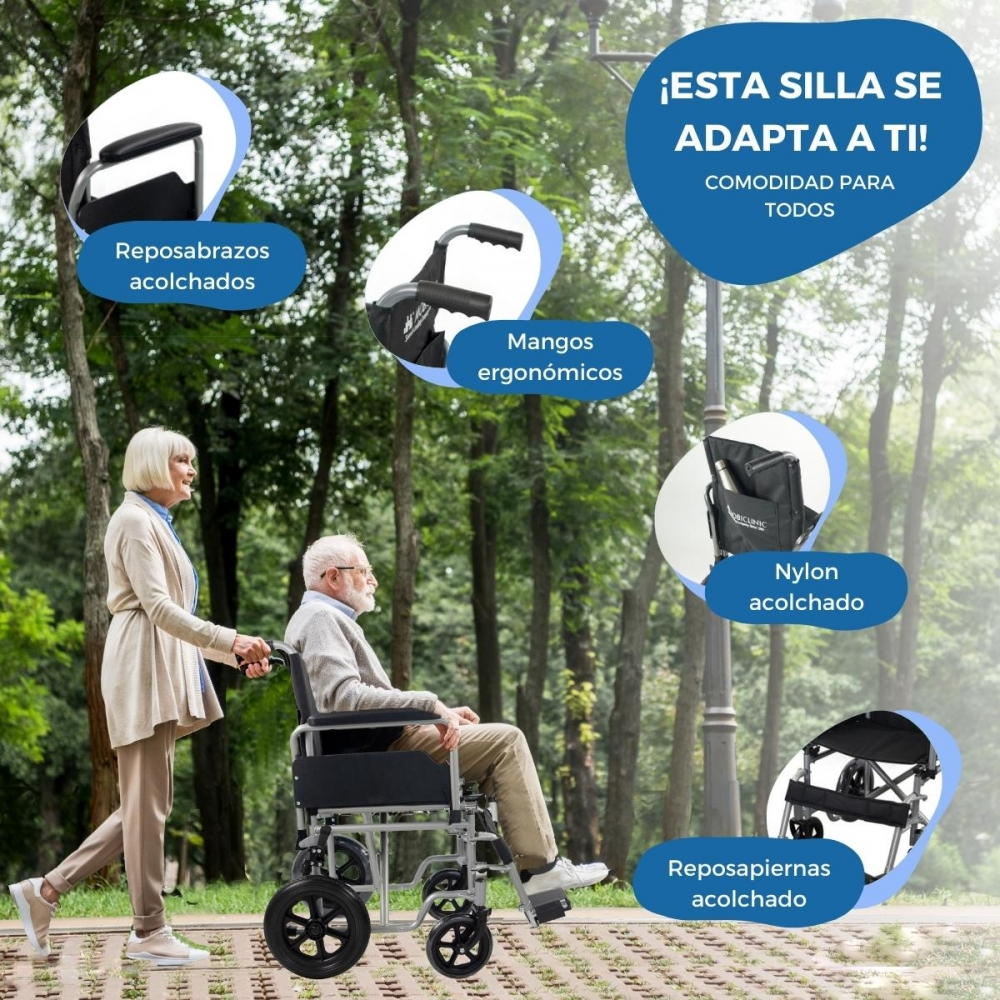 Una mujer empuja a un hombre en silla de ruedas por un parque. Características resaltadas.