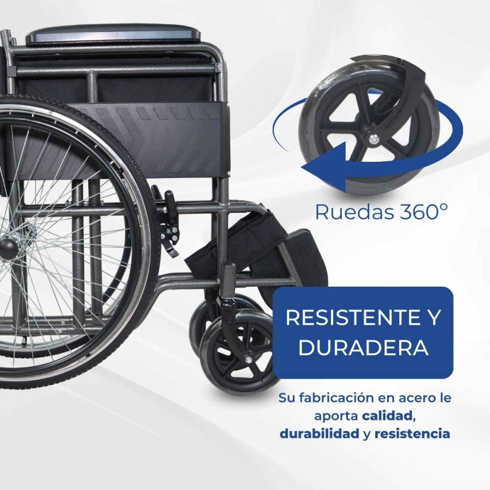 Silla de ruedas gris con ruedas negras y texto: 'Ruedas 360°', 'Resistente y Duradera'.