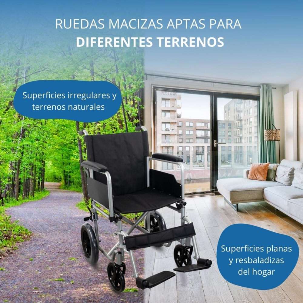 Una silla de ruedas en un camino de bosque y en una sala de estar.