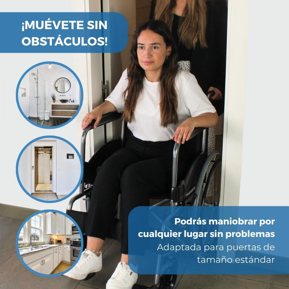 Una mujer en silla de ruedas pasa por una puerta, con imágenes de baño, ascensor y cocina.