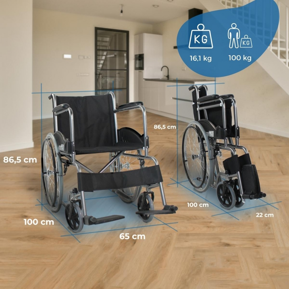 Dos sillas de ruedas en una habitación. Se indican dimensiones y pesos.