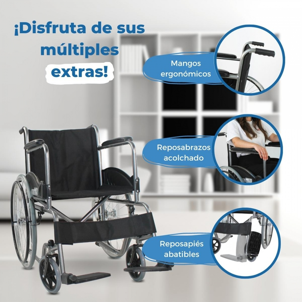 Un sillón de ruedas con reposabrazos acolchados, mangos ergonómicos y reposapiés.