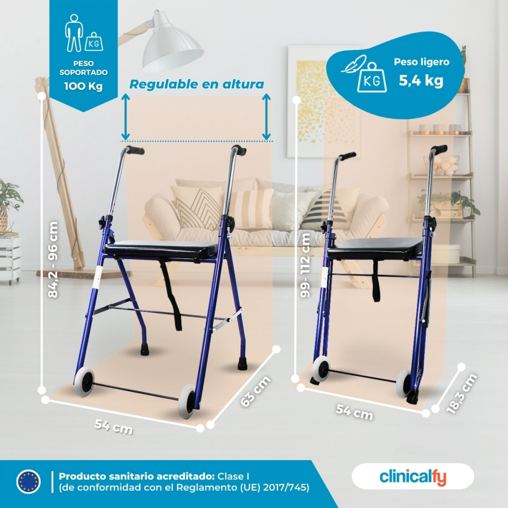Dos andadores azules con asiento, uno más grande, con medidas y pesos.