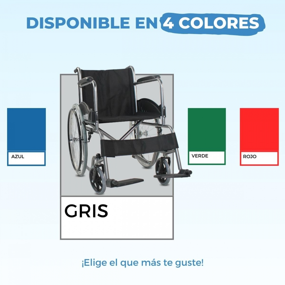 Se muestra una silla de ruedas con opciones de color: azul, verde, rojo y gris.