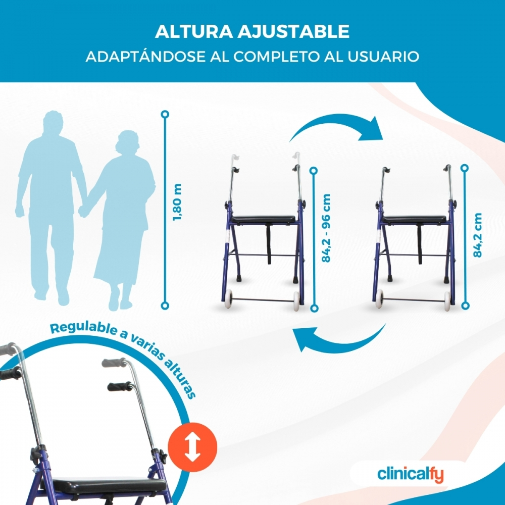 Andador ajustable, adaptable al usuario. Se muestran medidas.