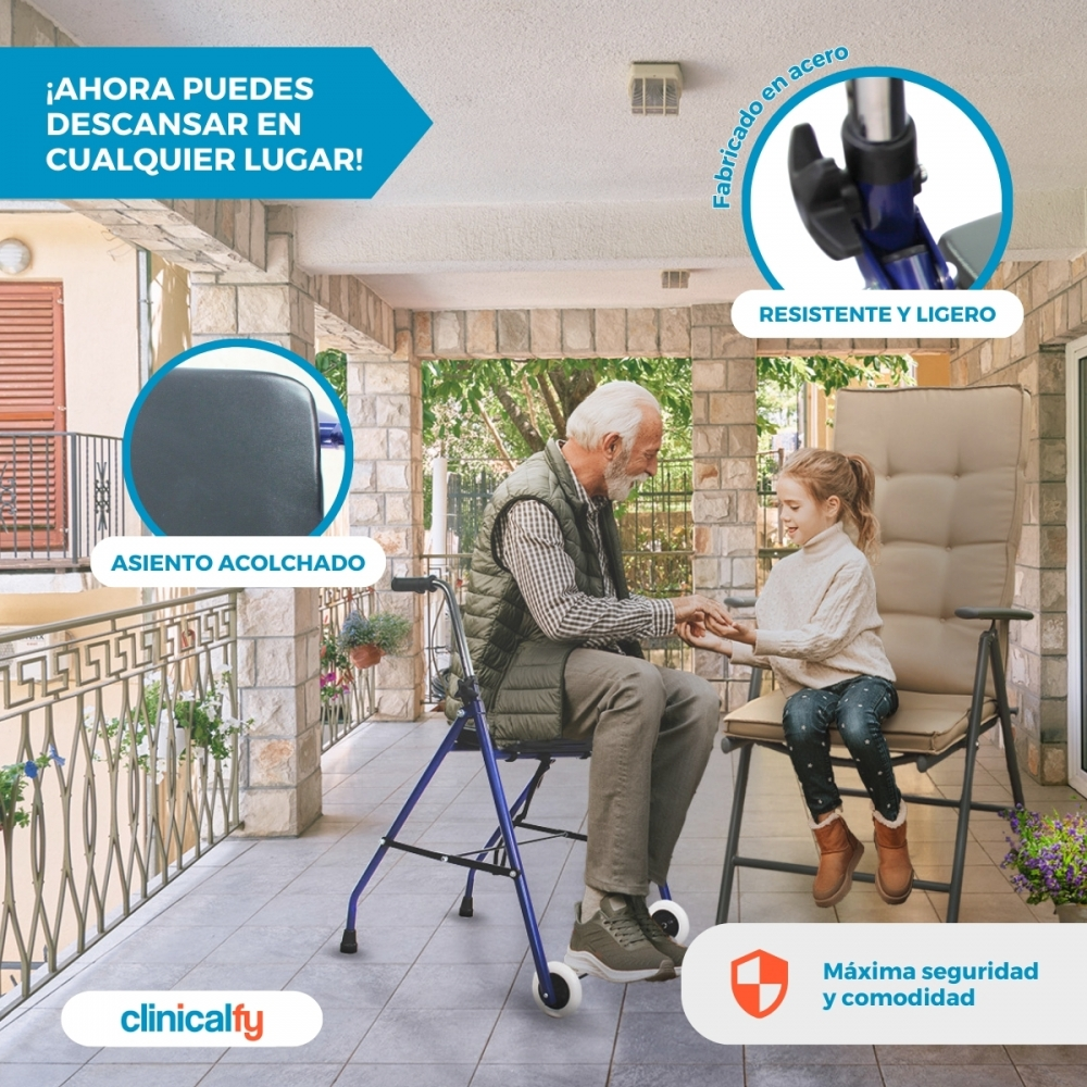 Un anciano y una niña se sientan en un patio. Un andador está a su lado.