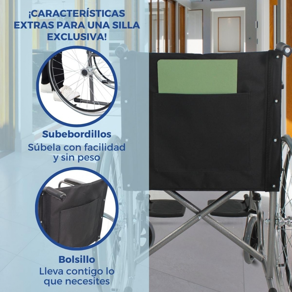 Una silla de ruedas con bolsa negra y carpeta verde. Primeros planos de rueda y asa.