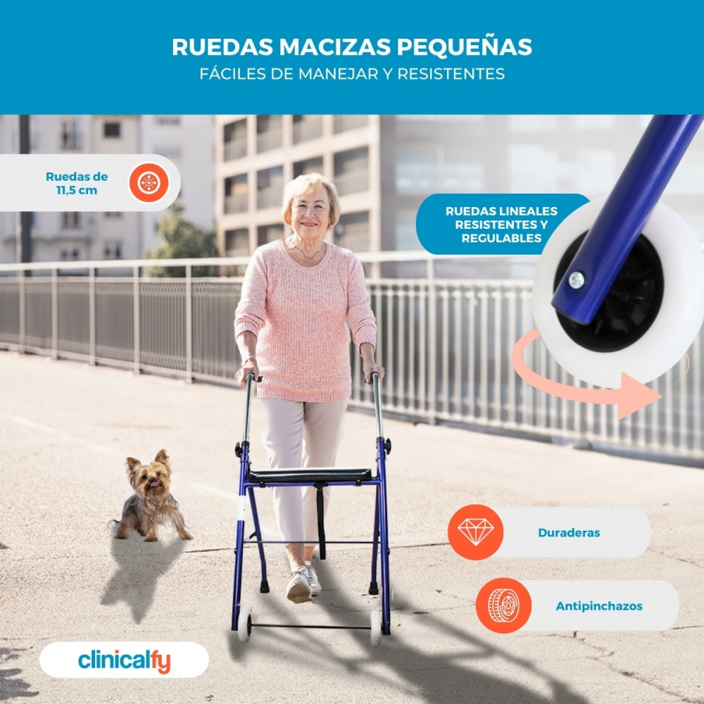 Una anciana camina con un andador y un perro por una acera.