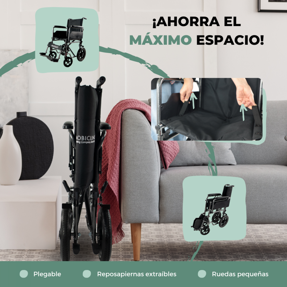 Una silla de ruedas plegada está junto a un sofá. Se muestran detalles.