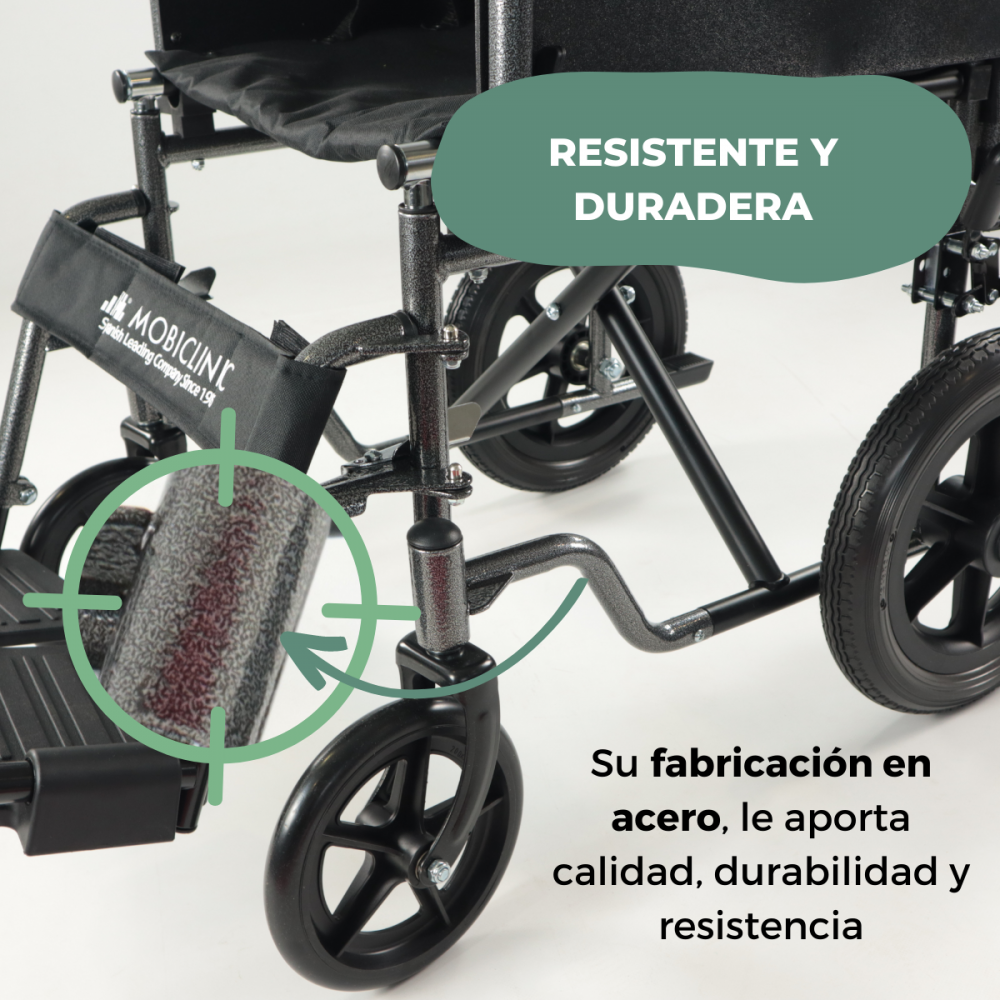Primer plano de una silla de ruedas gris con texto "RESISTENTE Y DURADERA" y "Su fabricacion en acero"