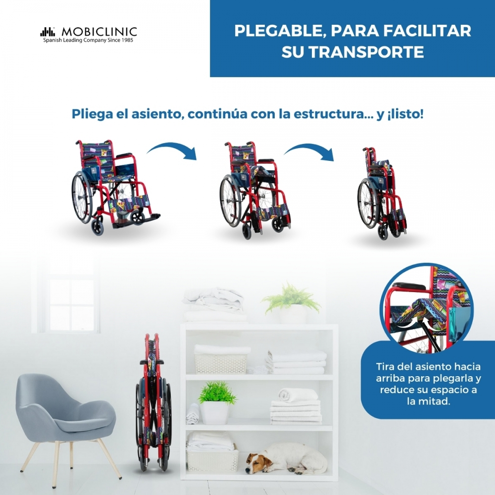Se muestra una silla de ruedas roja plegable. Se pliega paso a paso.