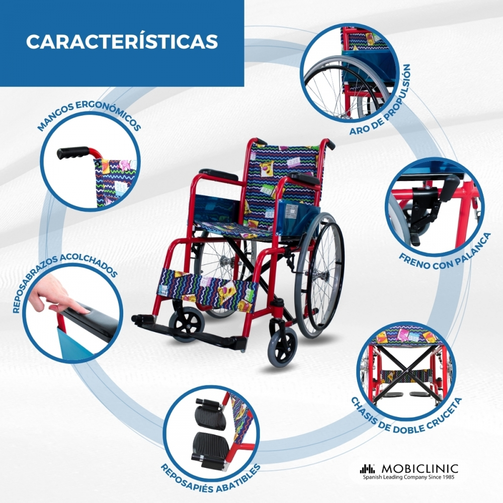 Una silla de ruedas roja con asiento colorido, rodeada de detalles.