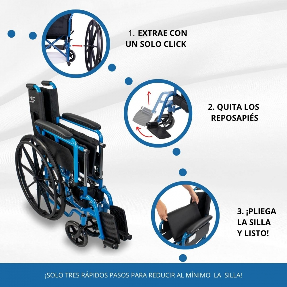 Instrucciones de silla de ruedas plegable azul y negra en tres pasos.