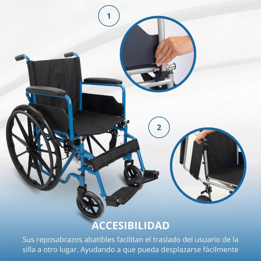Un sillón de ruedas azul con reposabrazos abatibles. Vistas detalladas.