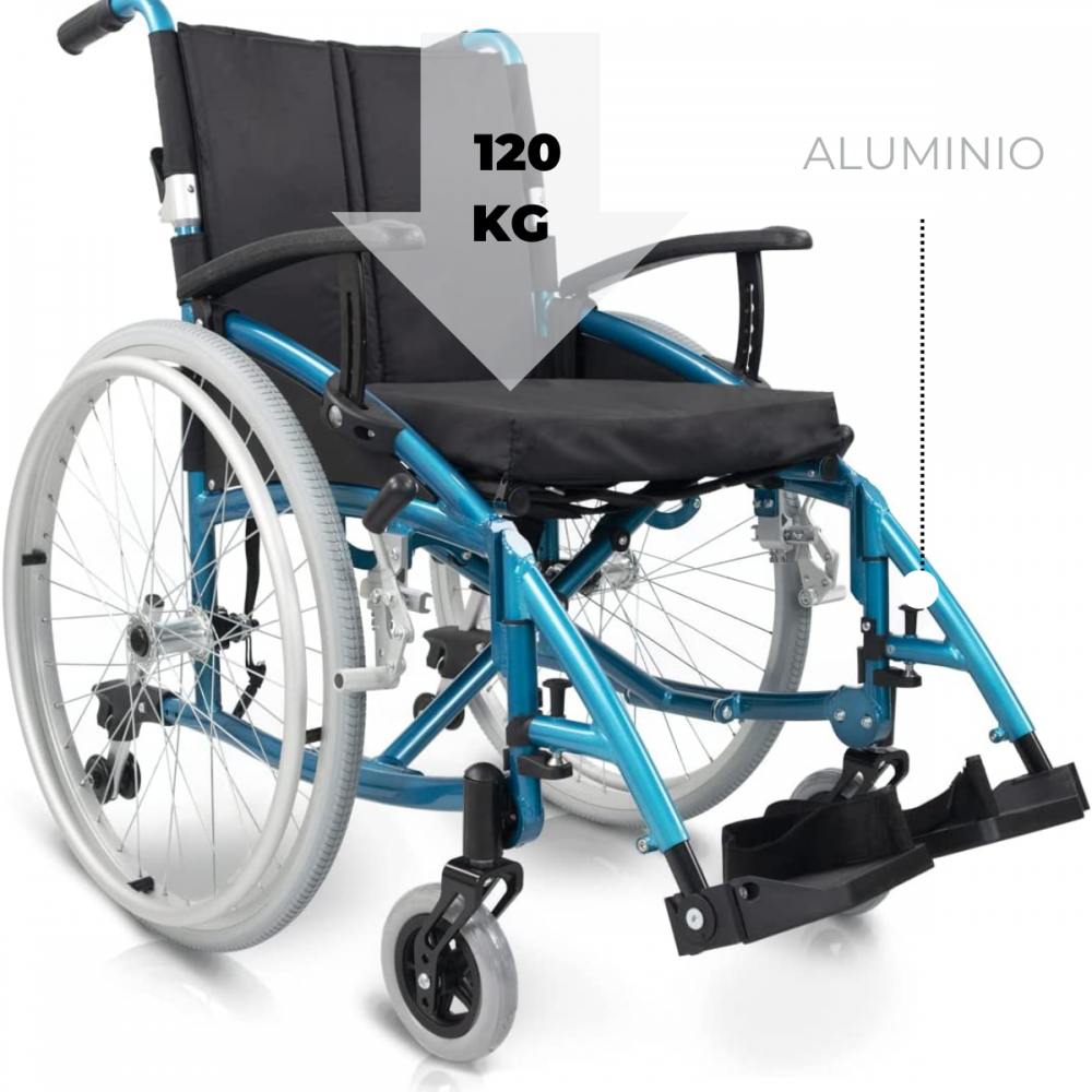 Silla de ruedas azul con ruedas plateadas y asiento negro. 120 kg.