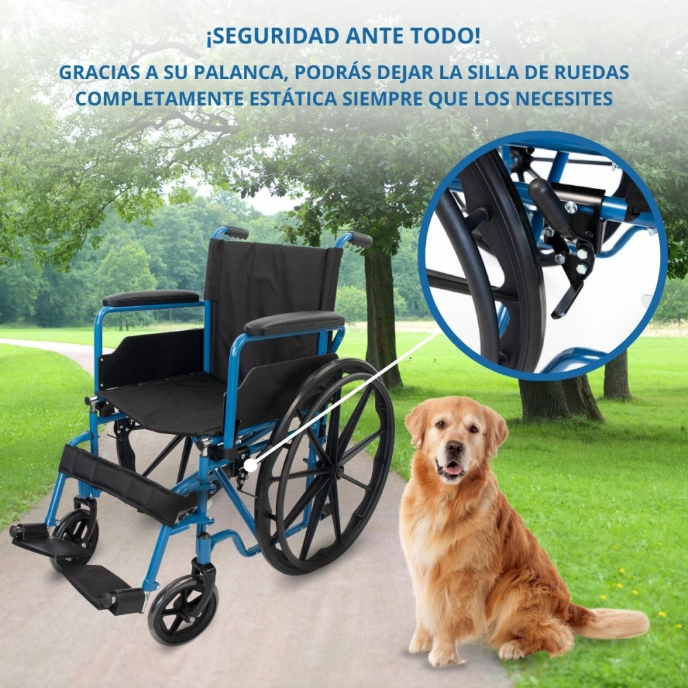 Una silla de ruedas azul junto a un golden retriever en un camino. Primer plano del freno.
