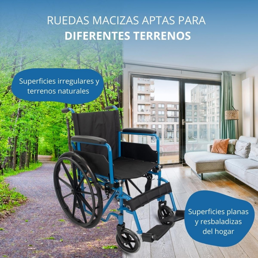 Una silla de ruedas azul en interior junto a un sofá y en exterior en un camino.
