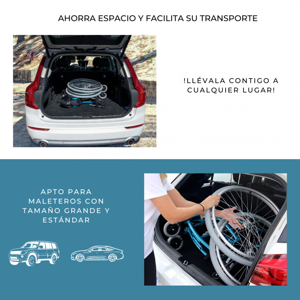 Una silla de ruedas plegable se carga en el maletero de un coche blanco.