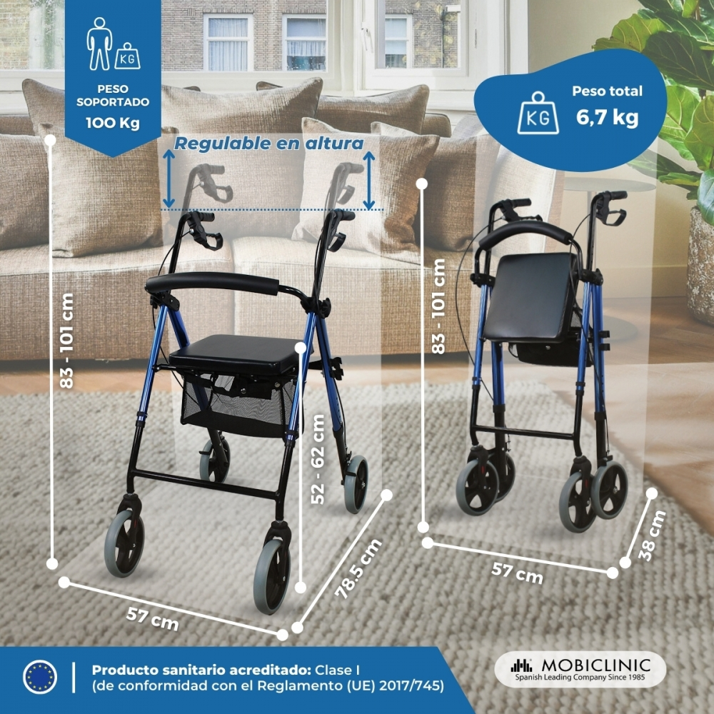 Dos andadores azules con asiento y cesta delante de un sofá. Se muestran medidas.
