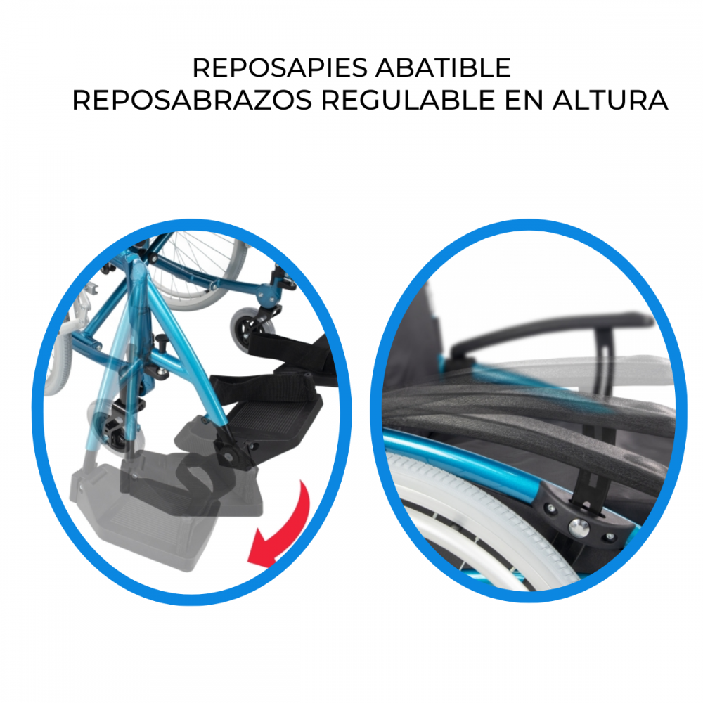 Una silla de ruedas azul con reposapiés y reposabrazos ajustables.