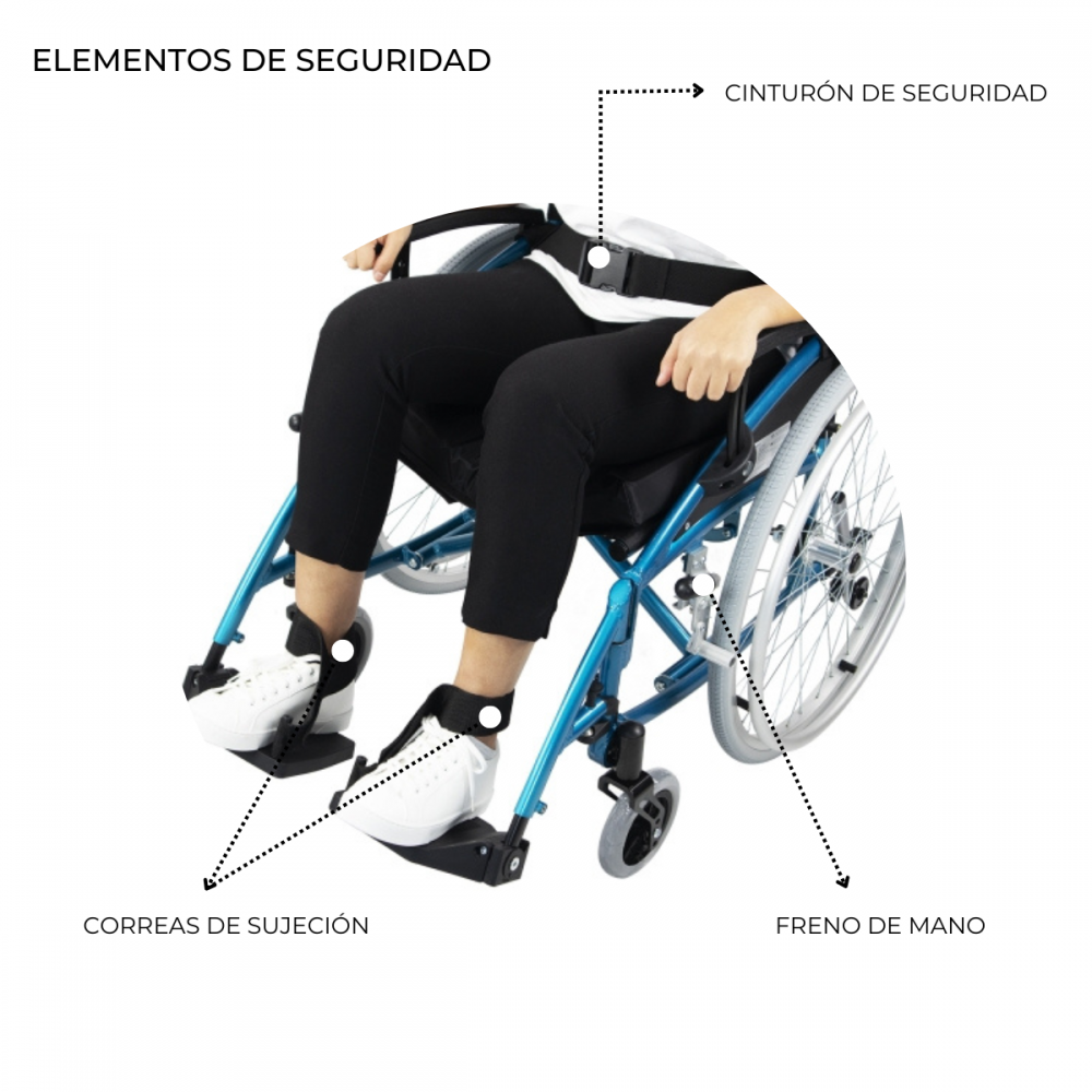 Persona en silla de ruedas con cinturón, correas y freno de mano.