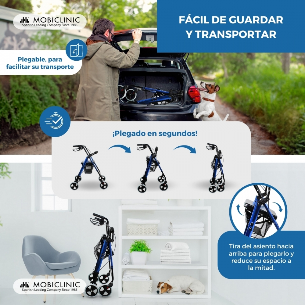 Un hombre carga un andador azul en un coche. Un perro observa.
