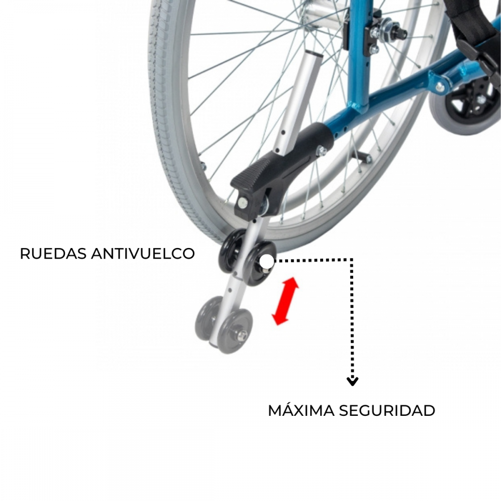 Ruedas pequeñas y flecha roja indican máxima seguridad en silla de ruedas.