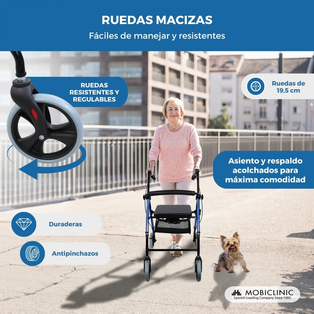 Una mujer mayor con un andador y un perro afuera.