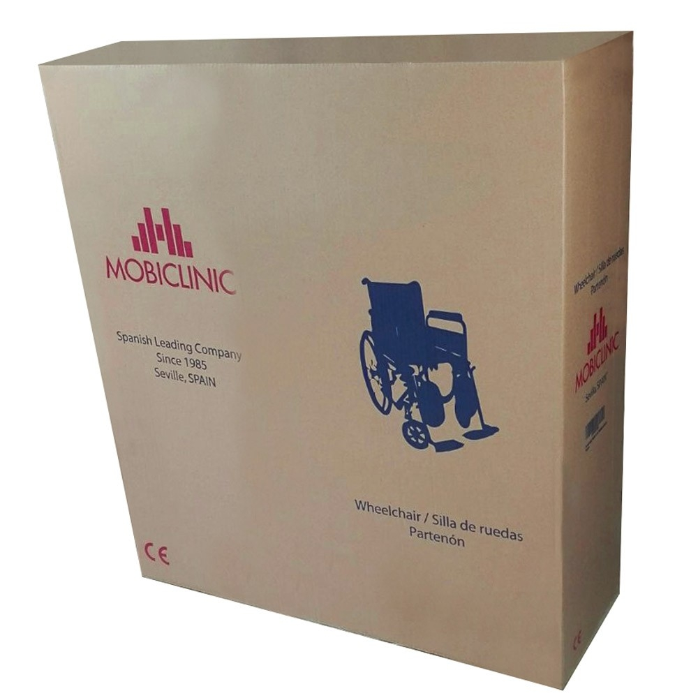 Caja de cartón con icono de silla de ruedas y logo MOBICLINIC.