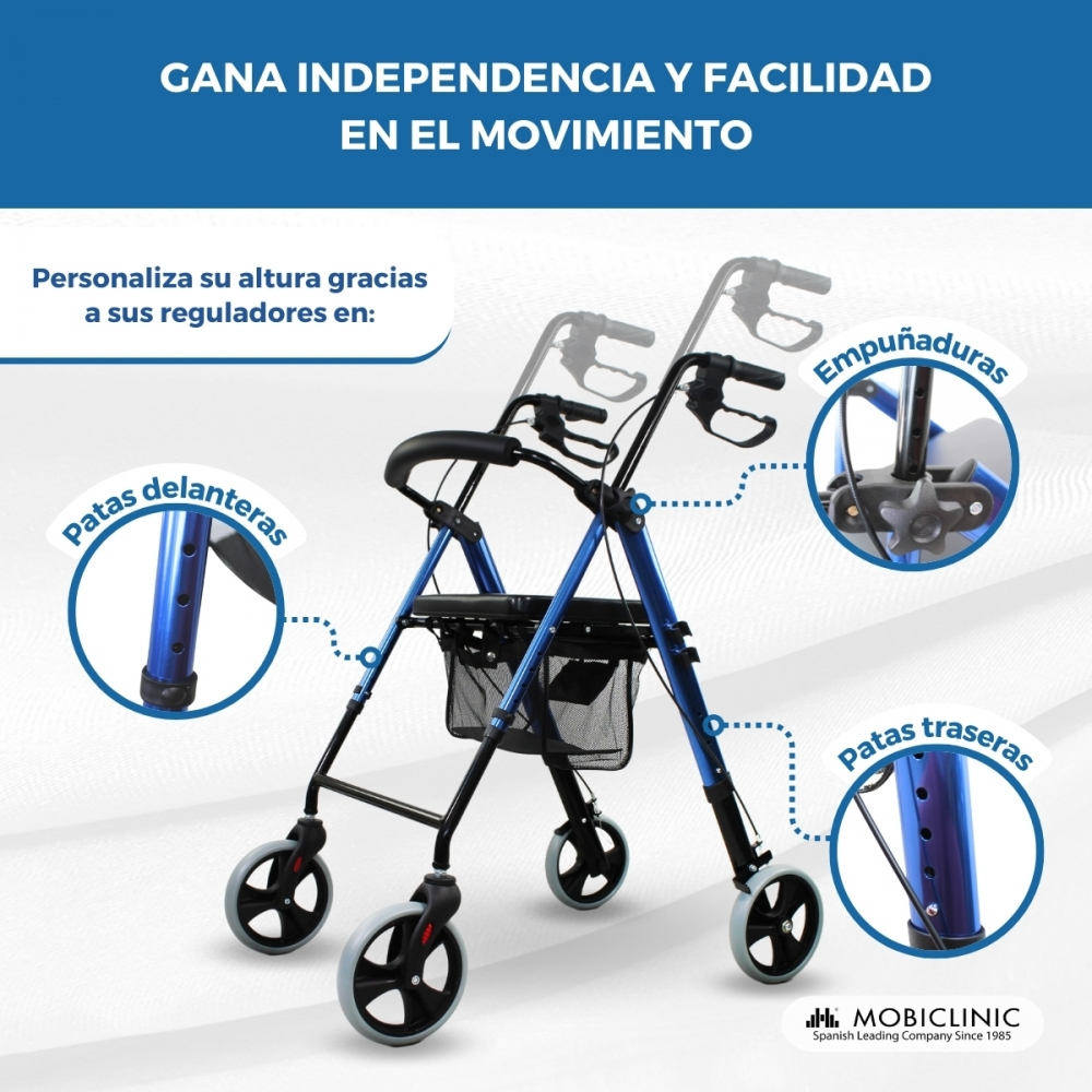 Un andador azul con cuatro ruedas, cesta y asas, que promueve la movilidad.