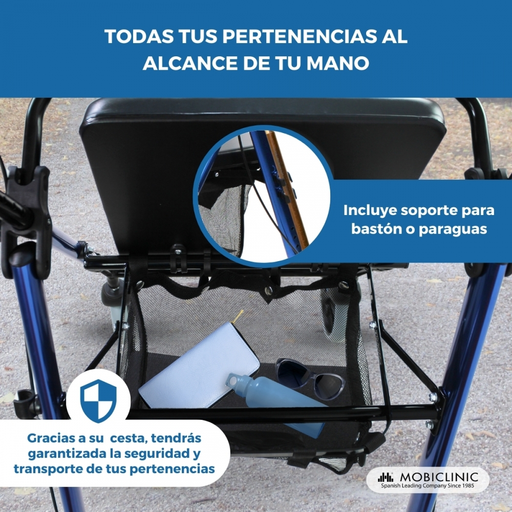 Un andador azul con asiento y cesta de red con gafas de sol y cartera.