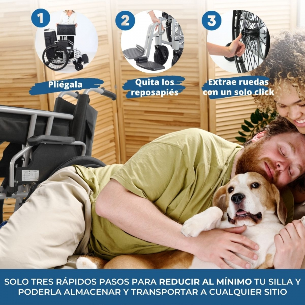 Guía paso a paso para silla de ruedas: plegar, quitar reposapiés, quitar ruedas.
