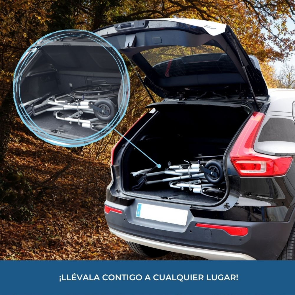 Una silla de ruedas plegada está en el maletero de un coche, rodeada de hojas de otoño.
