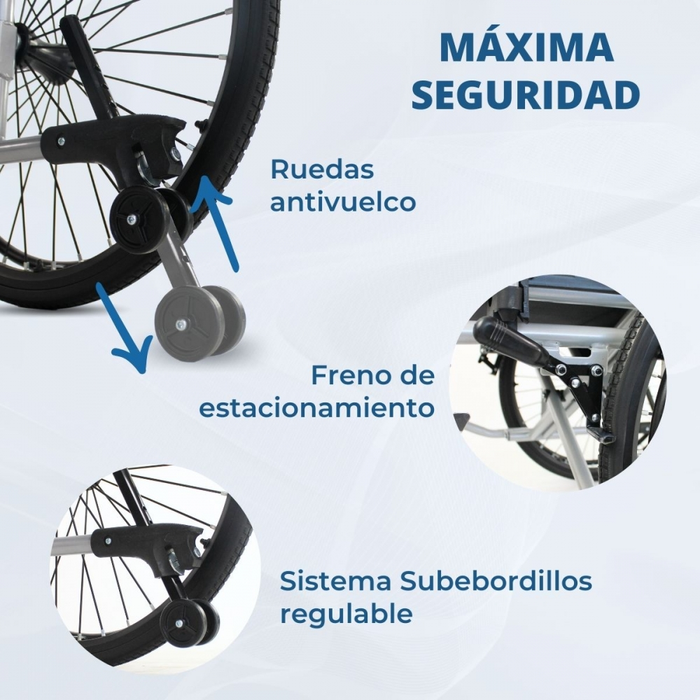 Silla de ruedas con ruedas antivuelco, freno de estacionamiento y sistema subebordillos.