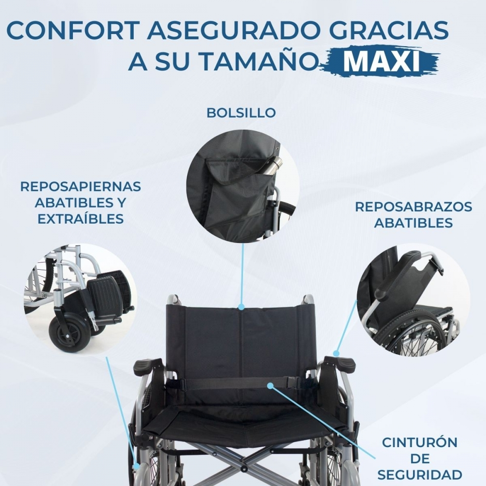 Una silla de ruedas con reposabrazos, reposapiés plegables y bolsillo.