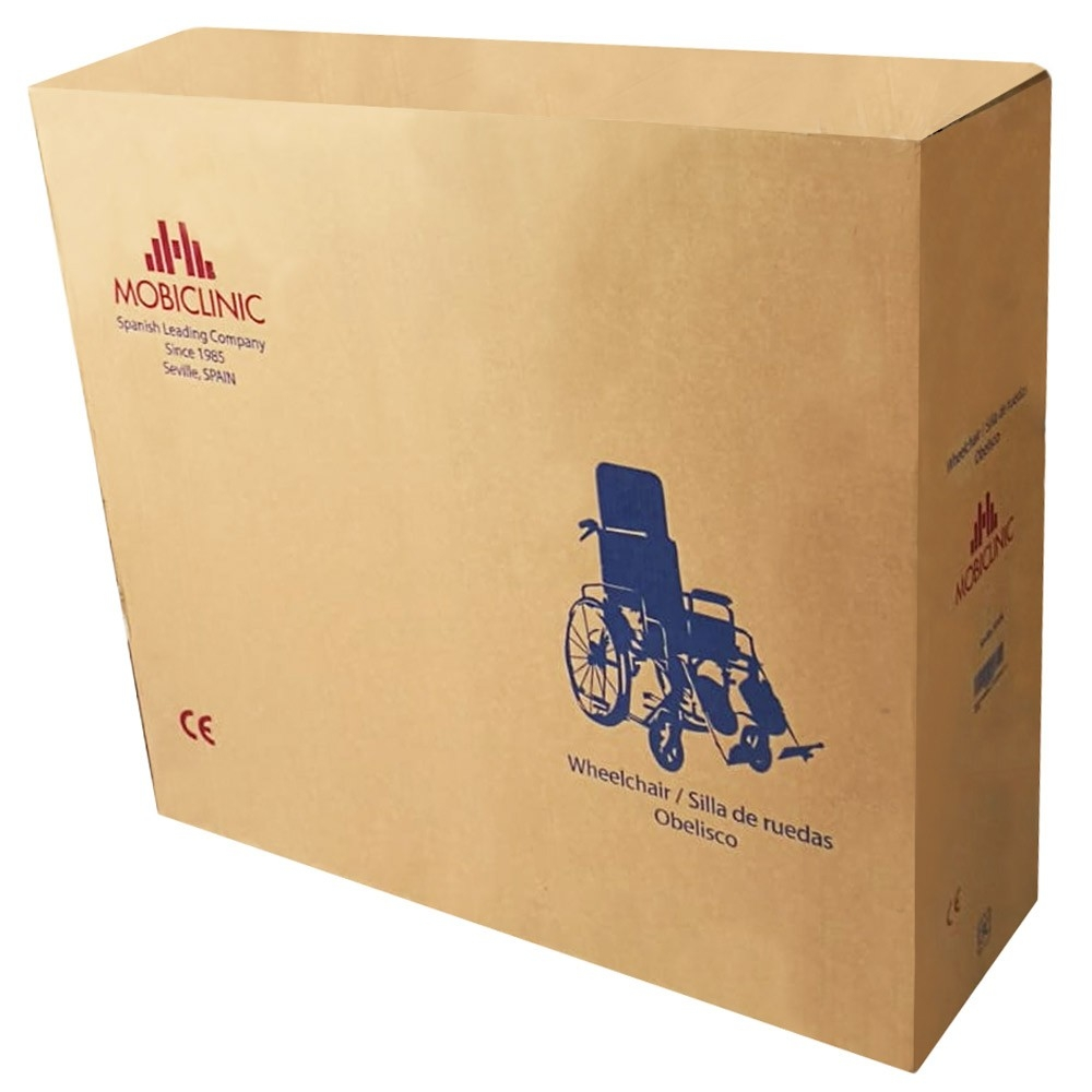 Caja de cartón con icono de silla de ruedas y texto. Logo MOBICLINIC arriba a la izq.