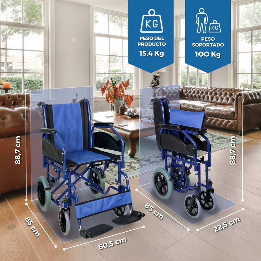 Dos sillas de ruedas azules en una sala. Peso 15.4 kg, capacidad 100 kg.