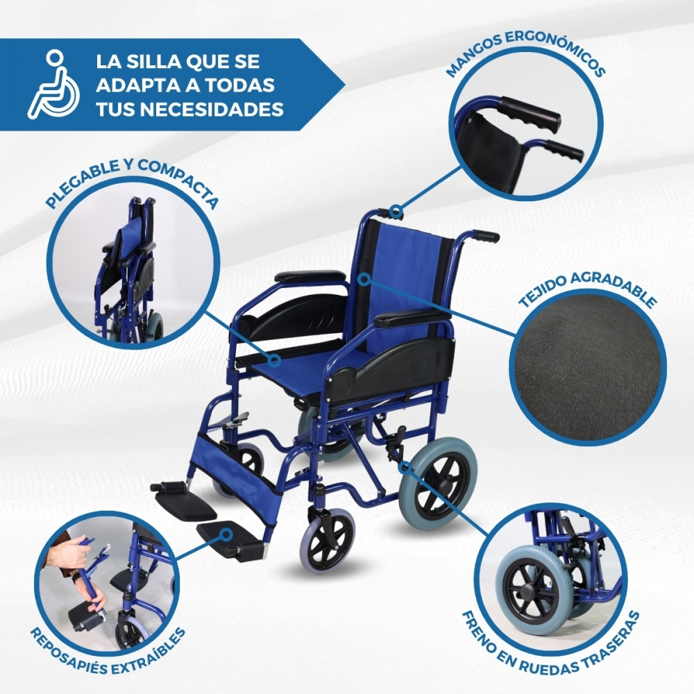Silla de ruedas plegable azul con reposapiés extraíbles y mangos ergonómicos.