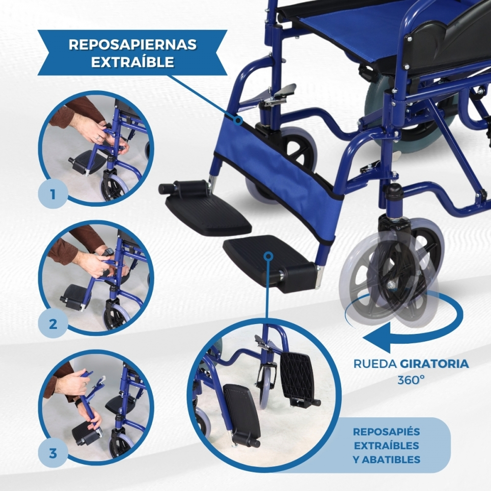 Detalle de silla de ruedas azul: reposapiés extraíbles y abatibles y rueda giratoria 360°.