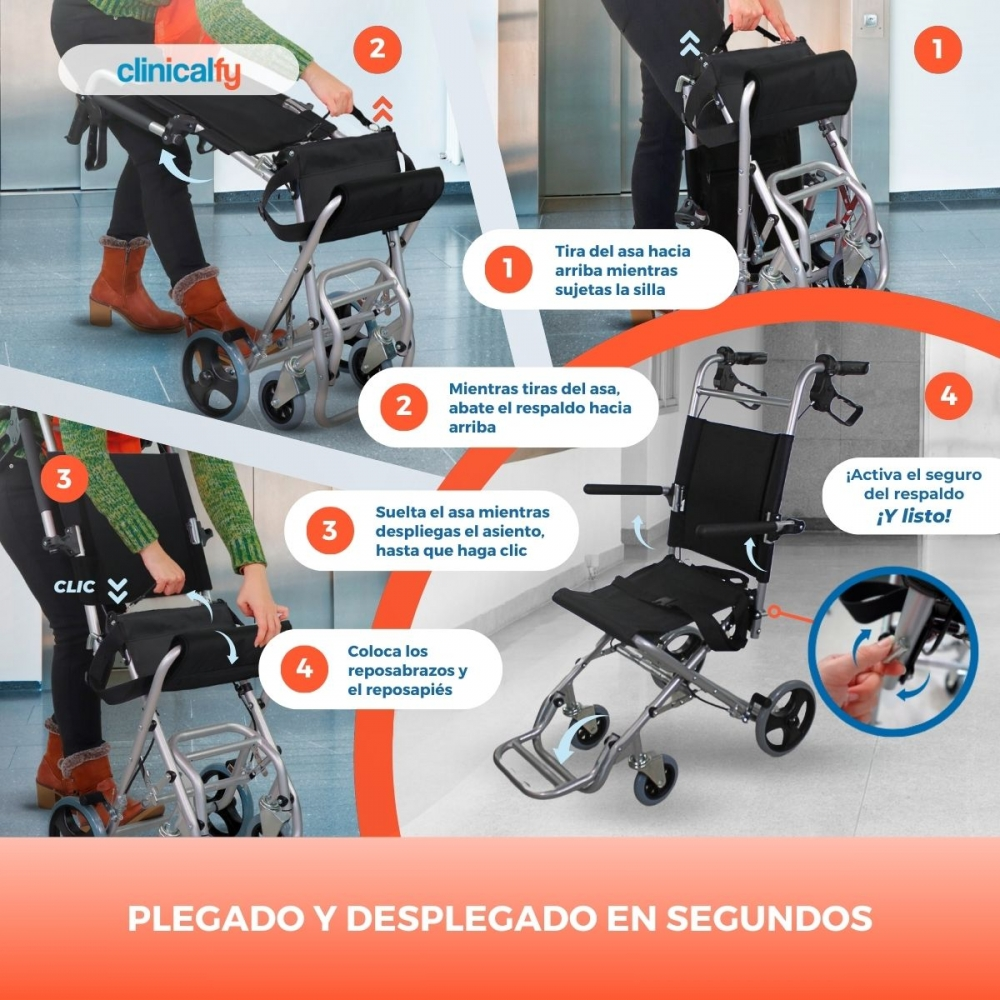 Guía paso a paso para plegar una silla de ruedas con flechas y numeración.