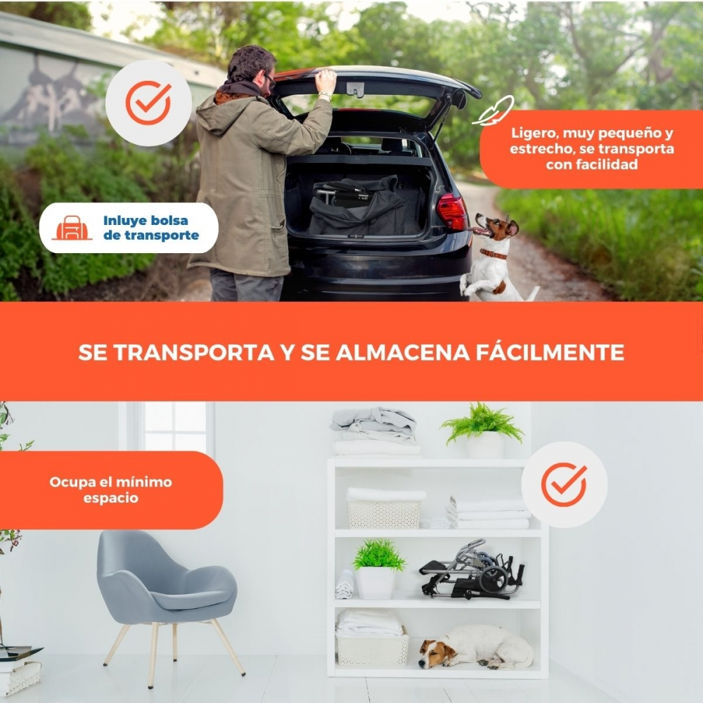 Hombre carga bolsa en auto, perro salta cerca. Fácil de transportar.