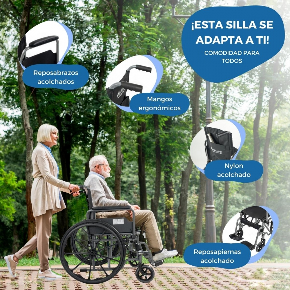 Una mujer empuja a un hombre en silla de ruedas al aire libre. Se destacan detalles de la silla.
