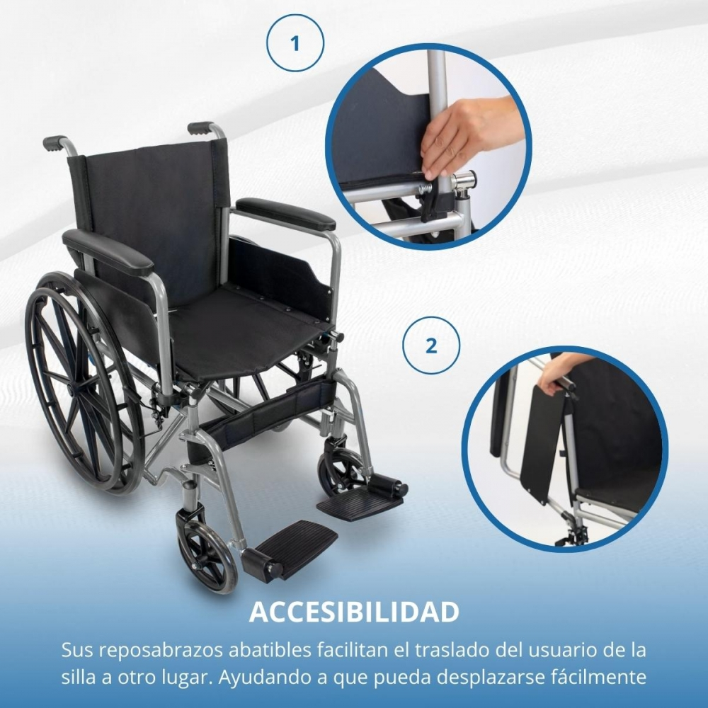 Un sillón de ruedas con reposabrazos abatibles, mostrado en detalle.